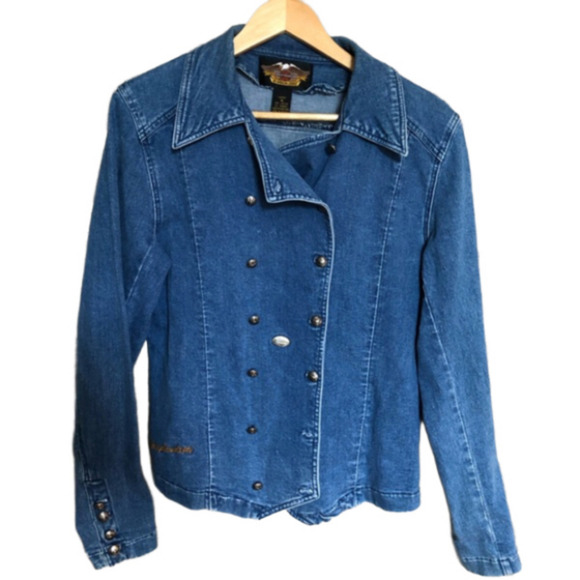 Harley-Davidson Y2K Double-Breasted Denim Jean Jacket Medium - Picture 1 of 11